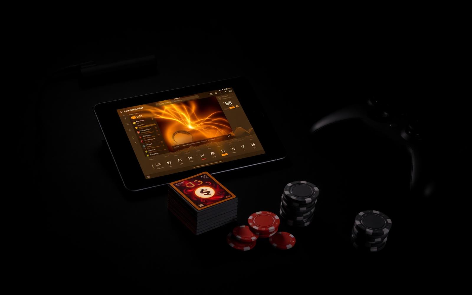 Dark desk lit in gold with a tablet dashboard, trading cards, poker chips and a game controller